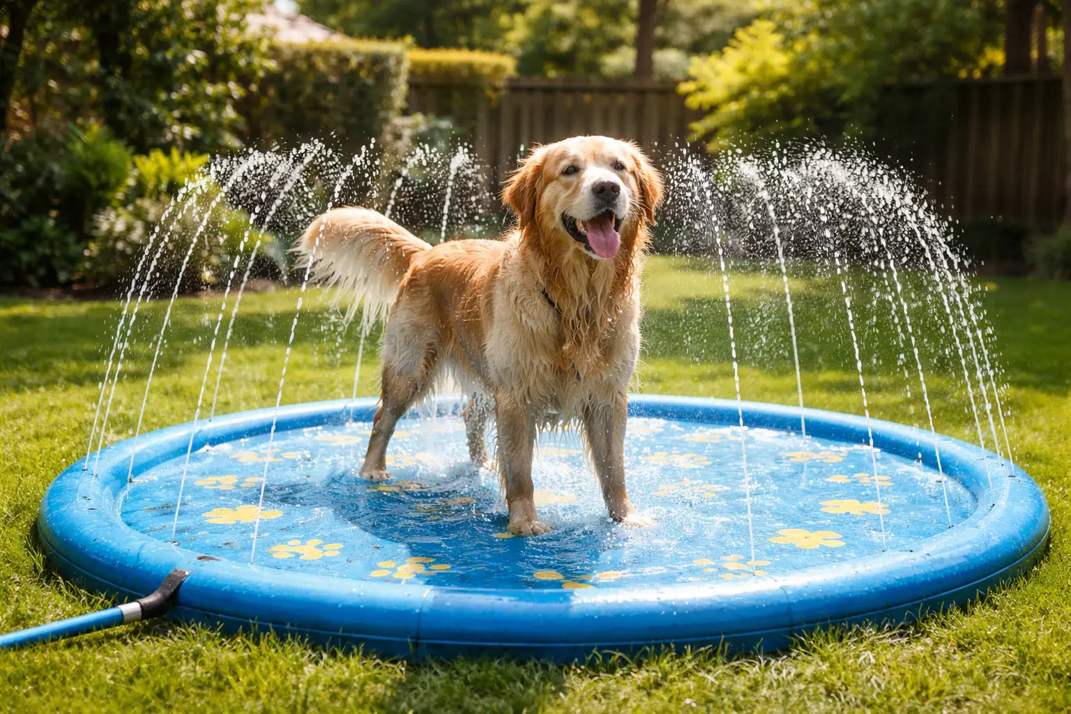Happy dog playing on Pet Sprinkler Pad with water spraying up on sunny day